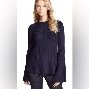 Autumn Cashmere Wool Ribbed Flare with Bell Sleeves Navy Blue Sweater Italy XS